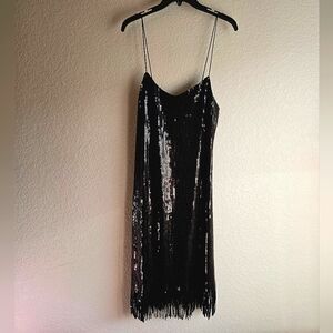Crystal Doll Black Spaghetti Strap Sequin Dress With Fringes